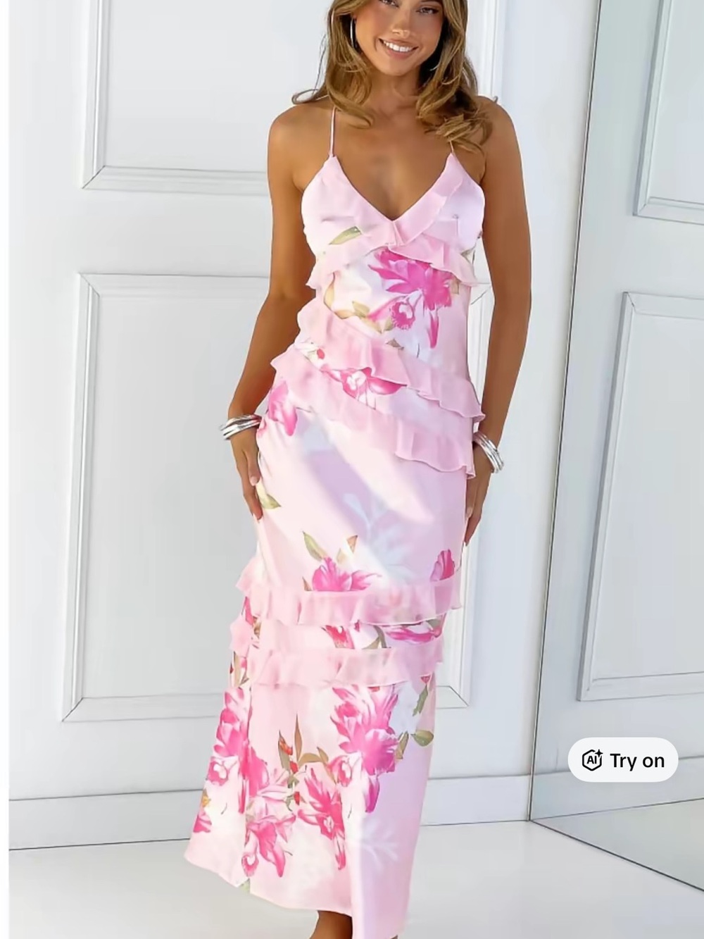 Beginning Boutique Pink Floral Ruffle Maxi Dress
